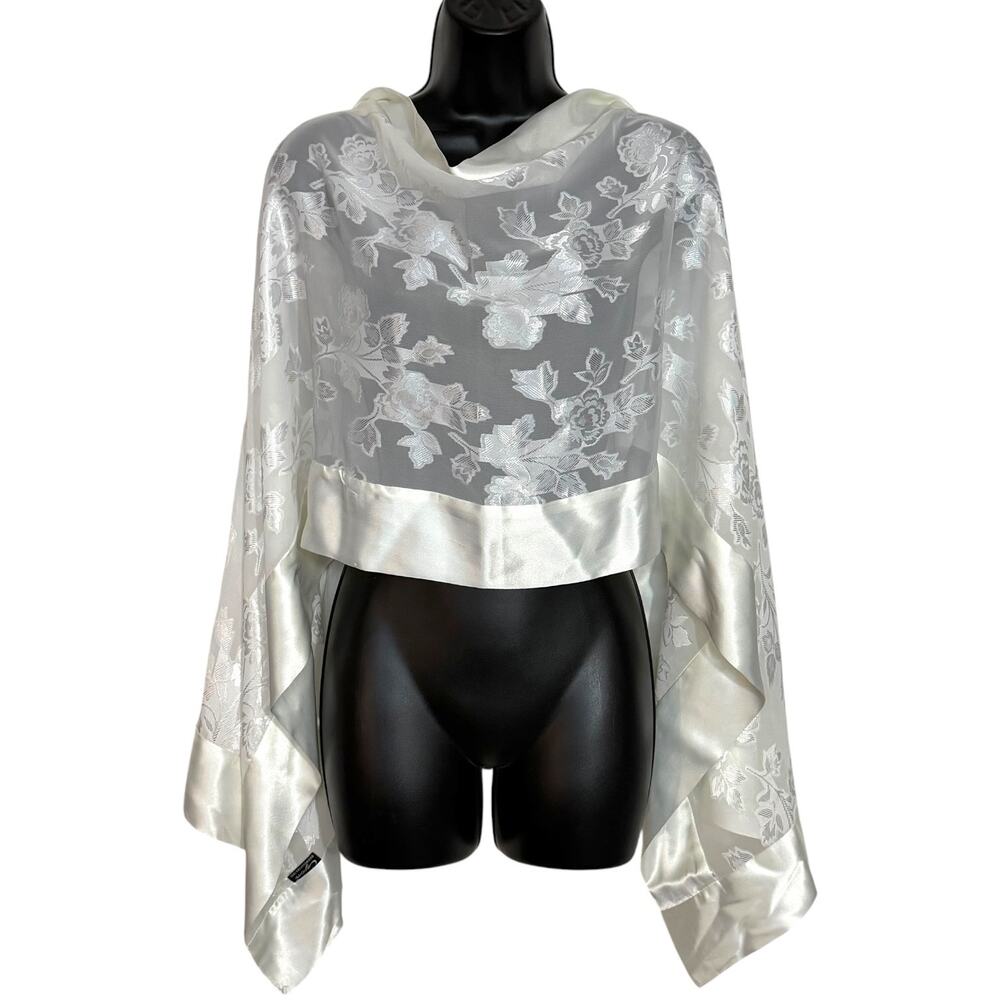 Vtg Cejon Scarf White Floral Sheer Burnout Devore Satin Trim Wrap Y2K Coquette